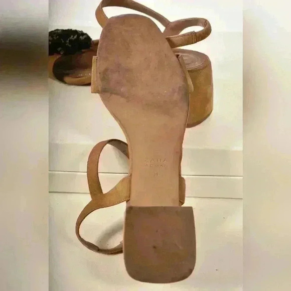 ZARA Tan  Black Microsuede Block Heel Open Toe Strappy Sandal 39EU 9US - Picture 7 of 8